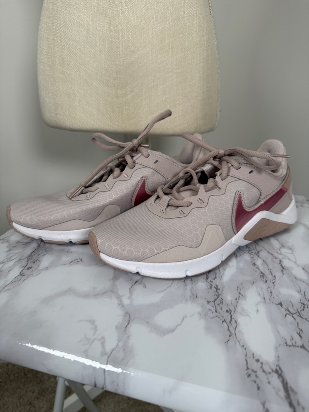 Nike Women’s Taupe Athletic Sneakers with Burgundy Swoosh